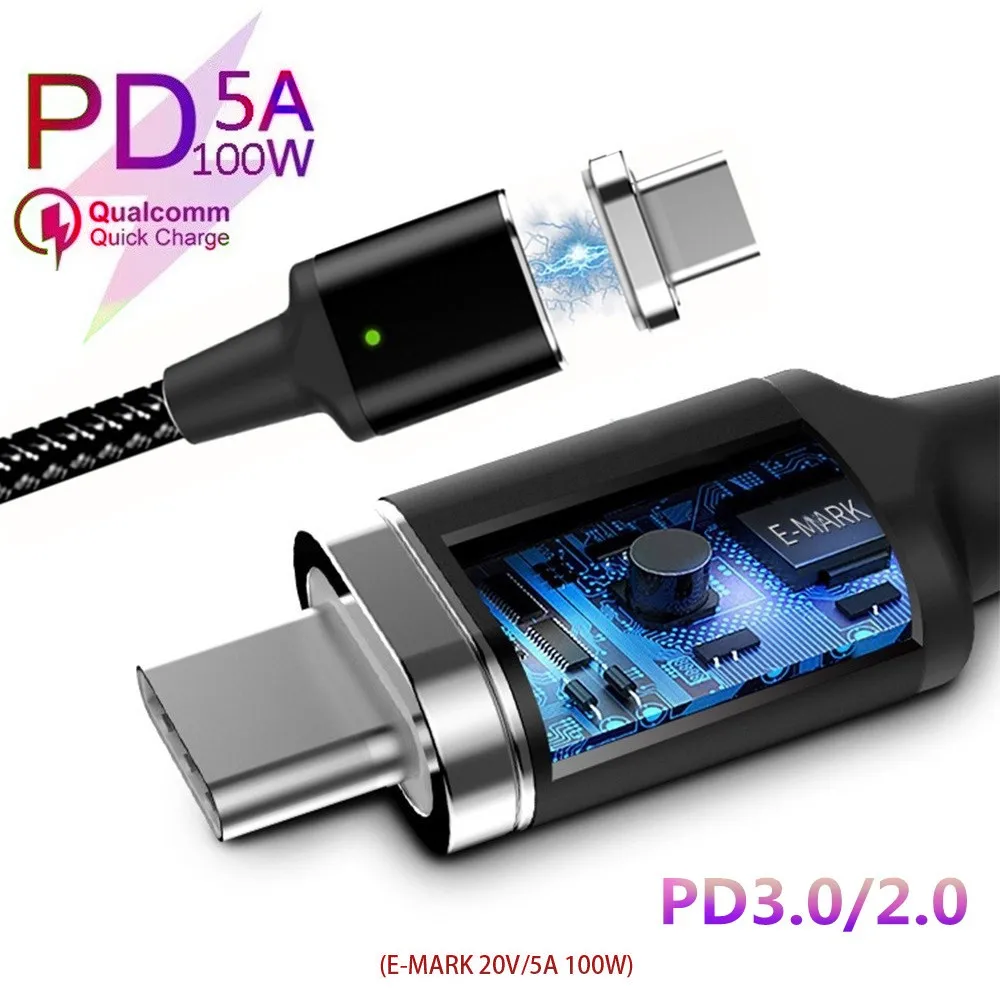 PD Магнитный usb type C для кабель питания двухсторонняя передача 5A 100 Вт E MARK 2 0 данных