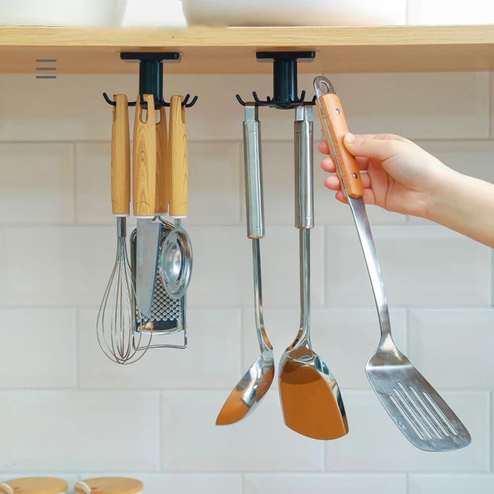 

360 Degrees Rotated Punch-free Kitchen Spatula Spoon Rack Wall Hanging Kitchen Utensils Jewelry Hook Rotating Hook