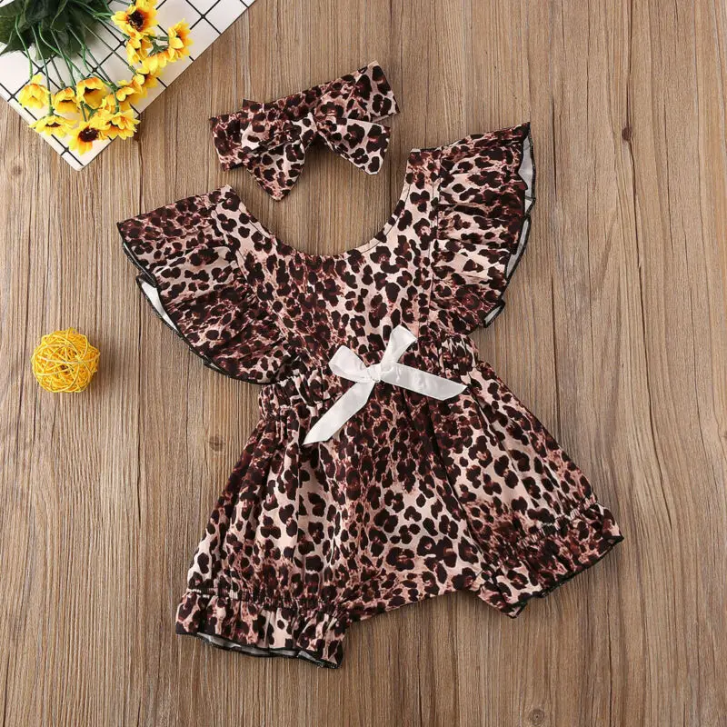 Baby Summer Clothing Newborn Infant Kids Baby Girls Leopard Print Romper Elastic Jumpsuit Headband 2pcs Outfit Clothes