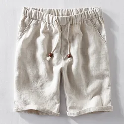 Men Summer Fashion Japan Style 100% Linen High Quality Elastic Waist Shorts Male Solid Color Simple Casual Slim Shorts Daily pan 