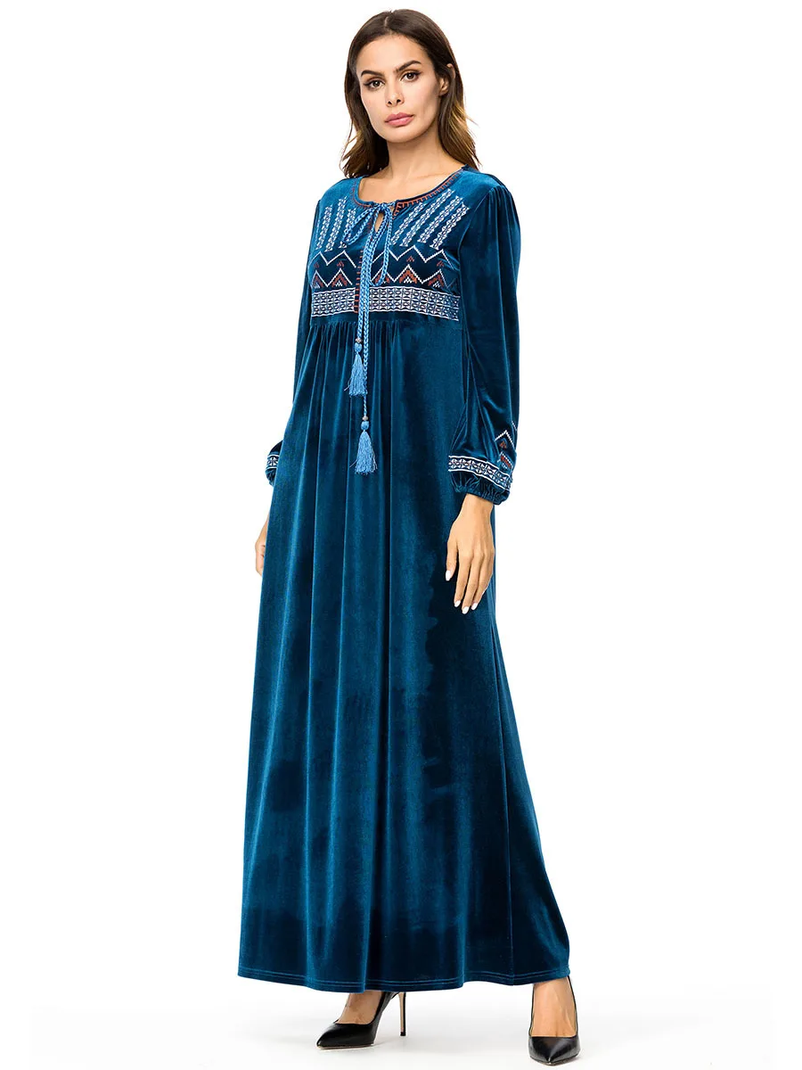 Винтаж бархатное платье с вышивкой Для женщин Абая, для мусульман длинное вечерние платье кафтан мусульманская одежда для Дубай теплые свободные платья Рамадан Ne