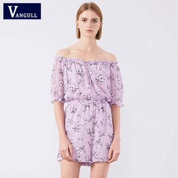 

Vangull Slash Neck Women Cute Playsuit Light Purple Floral Short Sleeve Rompers 2019 New Female Elastic Waist Elegant Playsuit