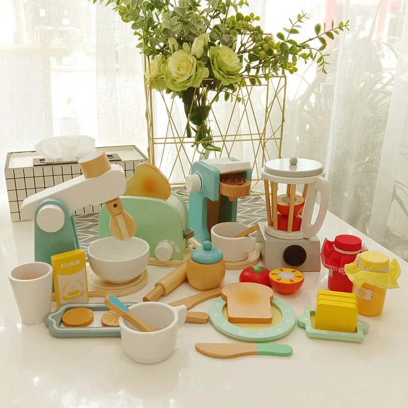 

Kids Wooden Pretend Play Sets Simulation Toasters Maker Coffee Machine Blender Baking Kit Game Kitchen Role Educational Toys