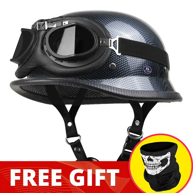 Motorcycle Helmet German Leather Vintage Casco Moto Motorcycle Open Face Retro Half Helmet Chopper Biker Pilot DOT Size S-XXL 307-CF BK-Glass02