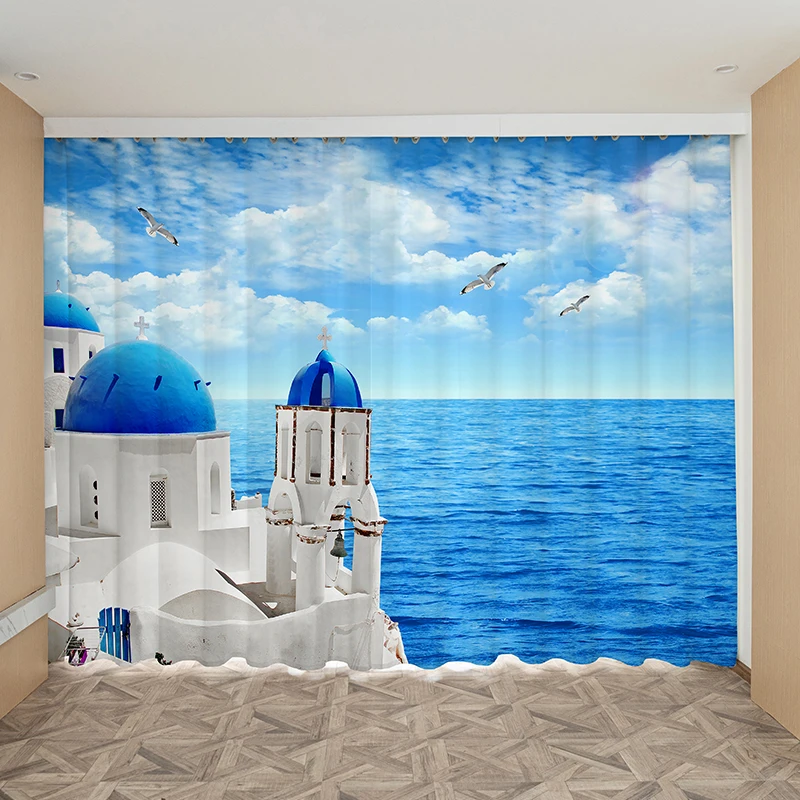 

Greek Aegean Sea Blue Scenery Curtain Sunlight 3D Ocean Design Ship Starfish Coastal Landscape Nordic Curtains for LIving Room
