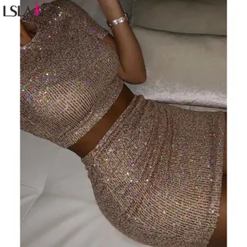

Two piece set sweetness short tops mini skirt autumn woman elegant sequins sexy 2 pieces party lady clothes