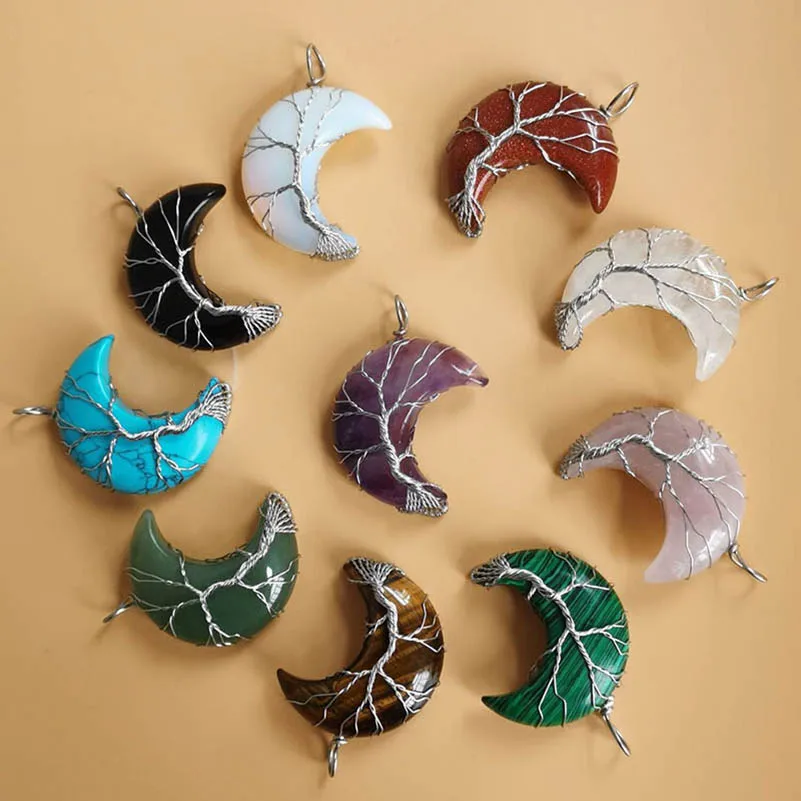 Life Tree Crescent Moon Shape Pendant Silvertone Wire Wrap Natural Gemstones Healing Crystal Women Necklace