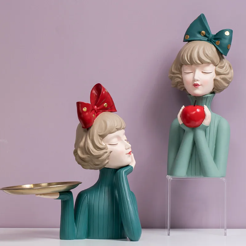 [HHT] Nordic Style Resin Crafts Statue Ornaments Modern Girl Bow Girls Home Decoration Living Room Furnishings Housewarming Gift