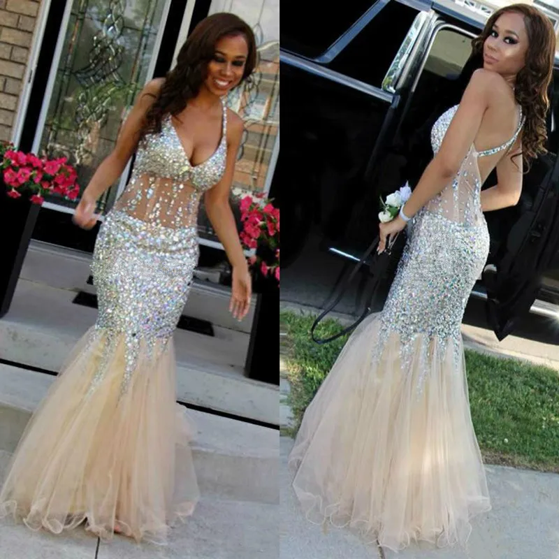 Sexy Beaded Mermaid Prom Dresses V Neck Backless Crystal Tulle Formal Celebrity Evening Dress Special Occasion Gowns Long | Свадьбы и