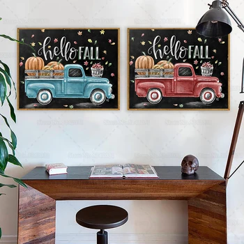 

Fall Leaves Pumpkin Art Hello Fall Vintage Blue/Red Truck Thanksgiving 5D Diamond Painting Full Square for Home Decoration