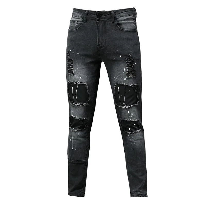 jeans Men Ripped Skinny Zipper Jeans Black Patchwork Biker Pencil Pants Street Man slim fit Denim Pants Hip Hop Draped trousers