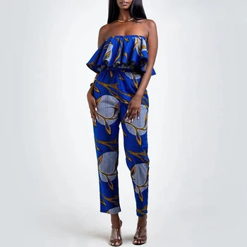 

BOHISEN Dashiki African Clothes For Women African Print Off Shoulder Ruffles Long Jumpsuit Fashion Robe Africaine Jumpsuit