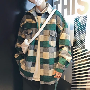 

2019 Spring And Autumn New Hong Style Sub-color Matching Woolen Fashion Casual Jacket Tide Loose Long-sleeved Shirt Green M-XL