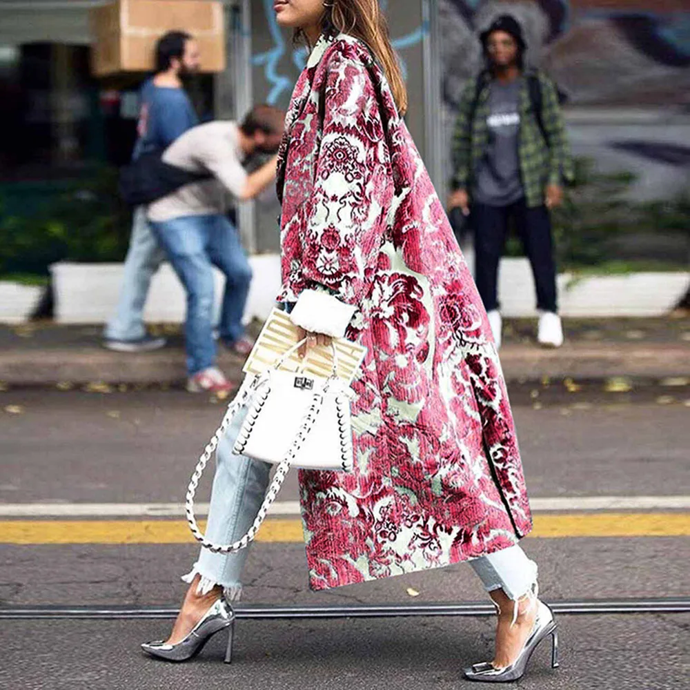 Vintage Floral Print Elegant Trench Coat Women Office Ladies Plus Size Coats Long Overcoat Casual Blue Fashion Outwear Female