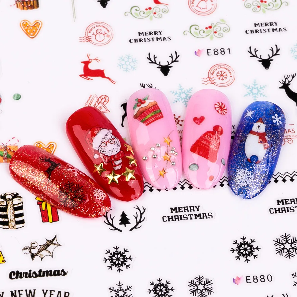 Dmoley, 11 в 1 лист, рождественские наклейки с Сантой для ногтей, снежинка, цветы, наклейки для дизайна ногтей, клей, слайдер для ногтей, наклейка, маникюр