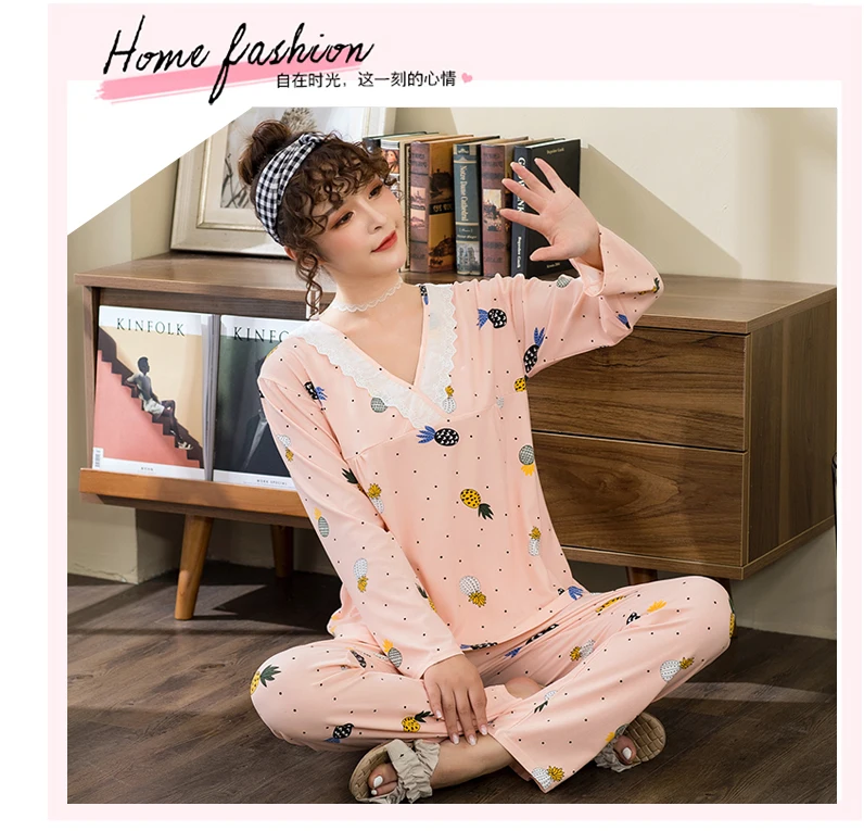Пижамы для девочек, Mujer, Зимние удобные женские пижамные комплекты, кружевная Домашняя одежда с длинными рукавами и v-образным вырезом, милая Пижама
