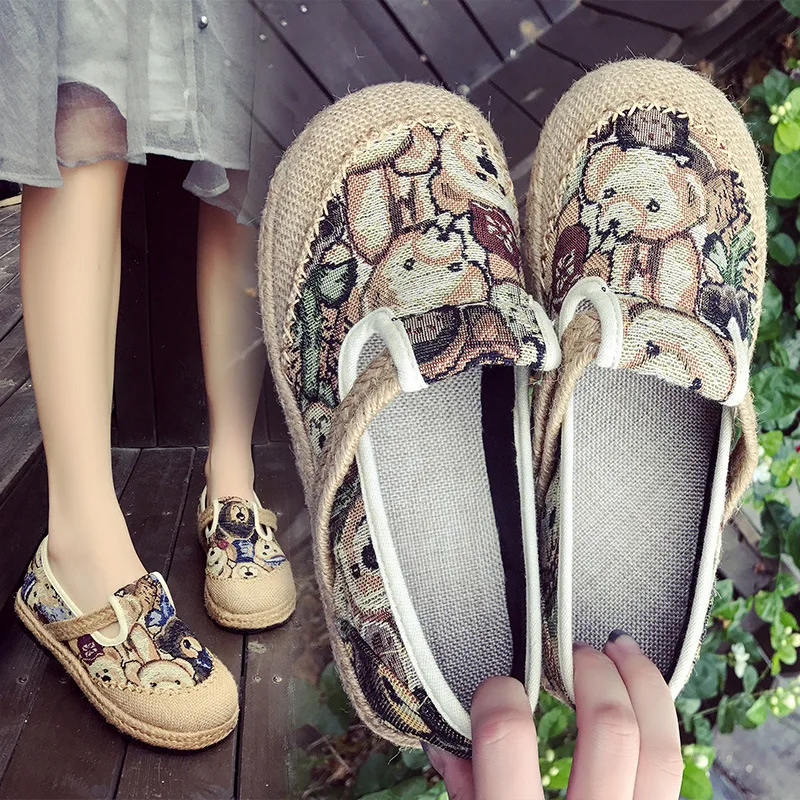 

2017 Summer And Autumn New Style Mori Girl Line Retro round-Toe Cartoon Bear Hemp Rope Weaving Casual Students WOMEN'S Shoes