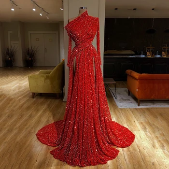 

Sparkly Red Sequins Evening Dresses 2020 Long Sleeves Ruched High Split Formal Party Floor Length Prom Dresses