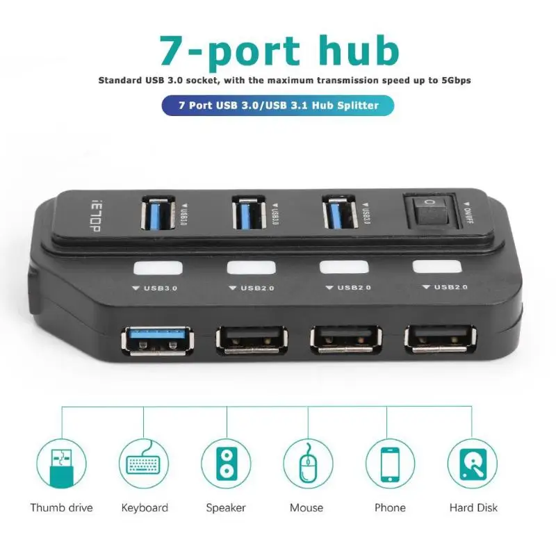 7 портов USB 3,0/USB 3,1 концентратор сплиттер с DC3.5 мм Порт питания тумблер легкость порт способность удобный Перевозчик