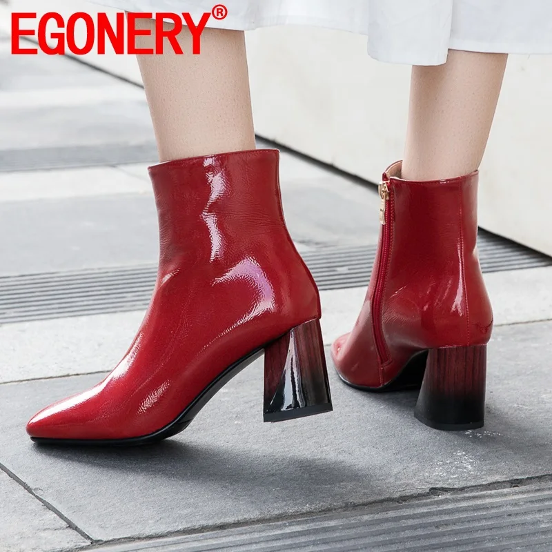 

EGONERY party sexy women's shoes 6.5cm high heels booties zipper wine red black patent leather ankle boots 32-43 plus size