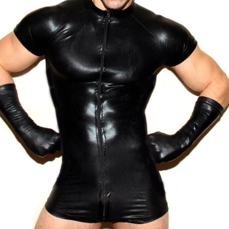 Wet look latex Catsuit Faux Leather Mesh Jumpsuits Black Stretch PVC Bodysuits Sexy Clubwear Men Open Crotch Lingerie Body Suit