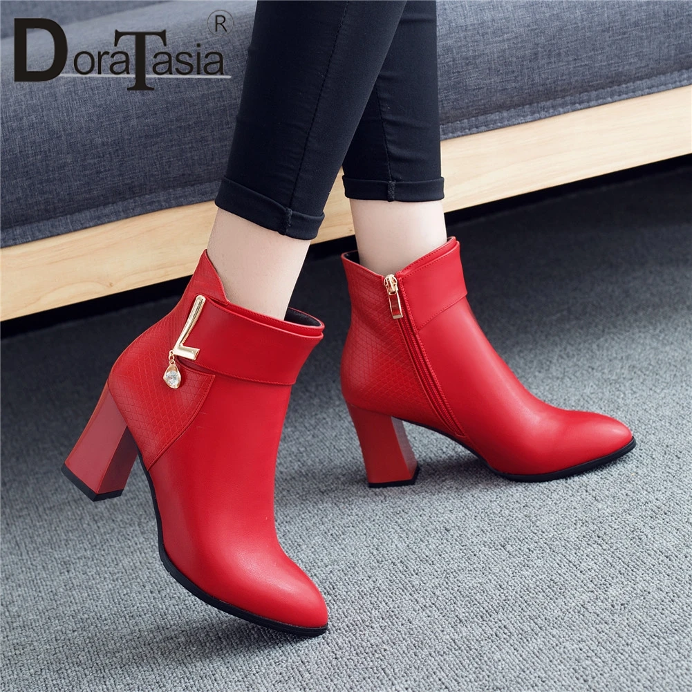 

DORATASIA Brand New Design 2019 Metal Decoration Ankle Boots Women Shoes Woman Ladies High Heels Autumn Shoes Woman Boots
