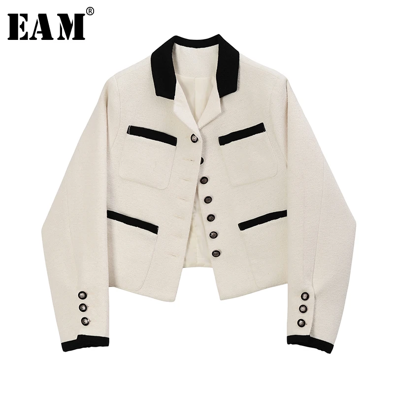 

[EAM] Loose Fit White Single Breasted Temperament Short Jacket New Lapel Long Sleeve Women Coat Fashion Tide Spring 2020 1R747