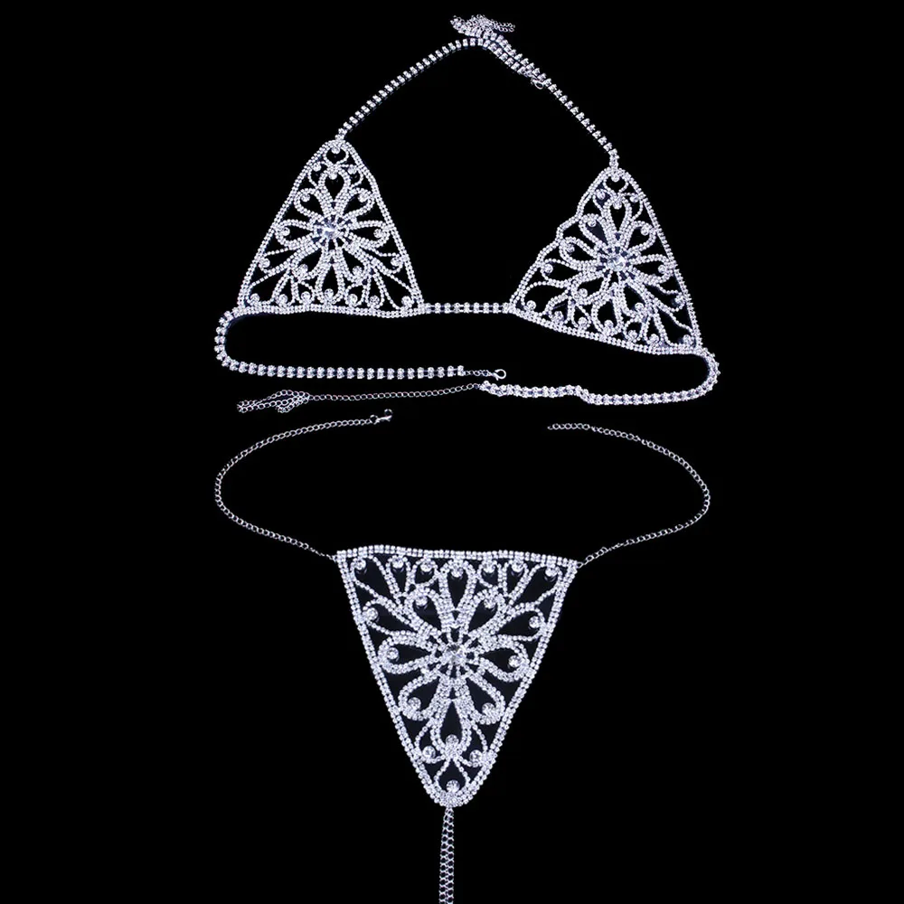 Stonefans цветок Кристалл Сексуальная женская цепь для тела Бюстгальтер ожерелье аксессуары Стразы для ювелирных изделий и белья стринги трусики - Окраска металла: Set