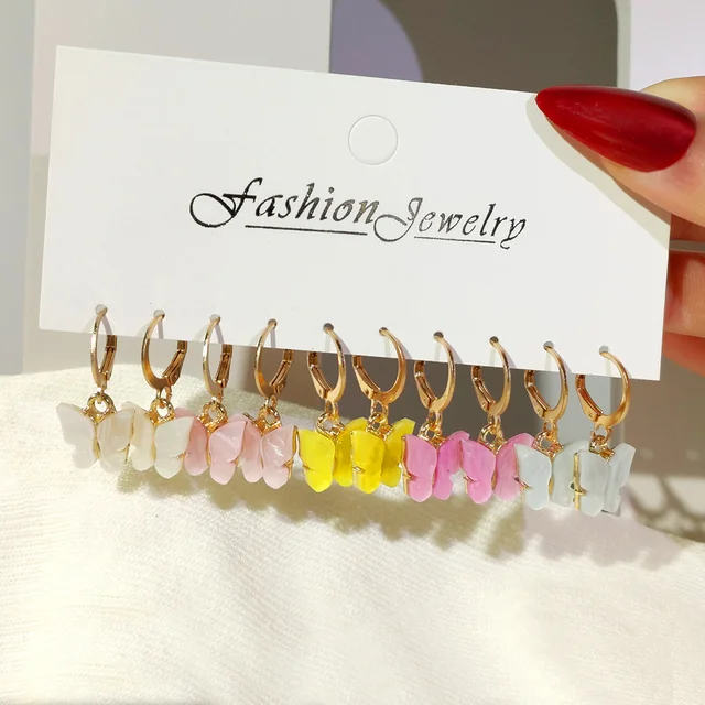 Flatfoosie 5Pair Pink Blue Heart Butterfly Drop Earrings Set For Women Boho Cute Star Moon Eye Dangle Earring 2022 Trend Jewelry 160001GD