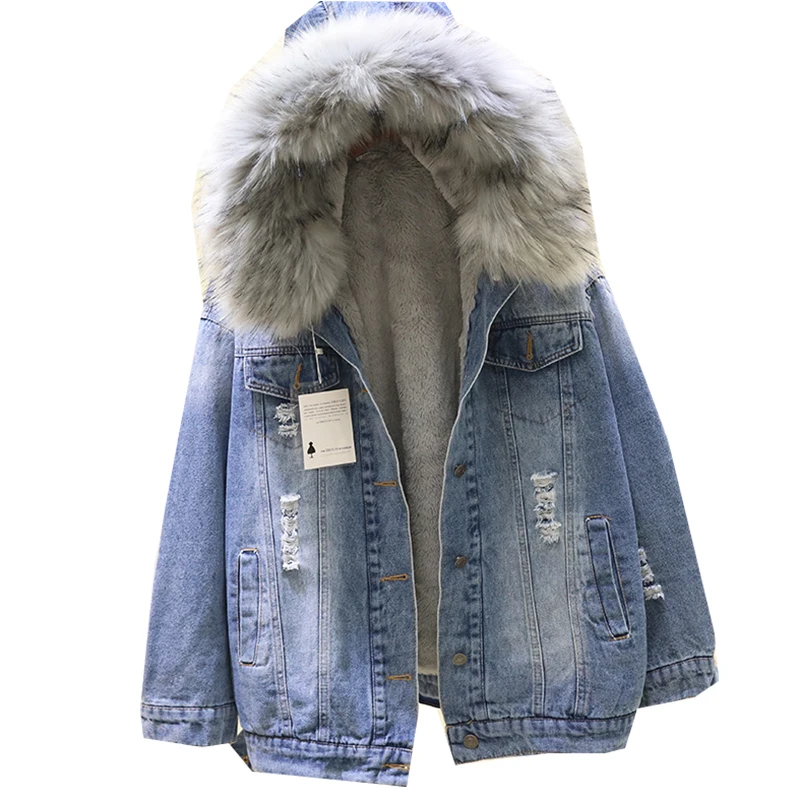 

Winter Coat Women Big fur collar Hooded Hole Denim Jacket Thick Warm lambswool Coat Loose Vintage Jeans Jacket Women Basic coat