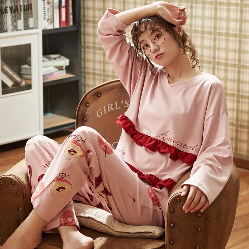 

Pajamas Women's Pure Cotton Spring And Autumn Long Sleeve Two-Piece Set 200 of Fat Mm Casual-Outer Wear Tracksuit Autumn And Win