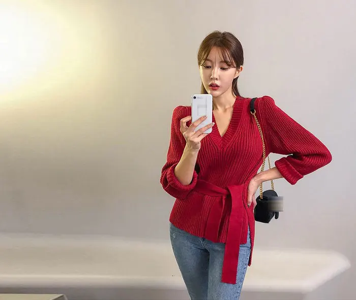 Осень, корейский пуловер с v-образным вырезом, свитера, элегантный свитер на шнуровке, модные топы с разрезом, вязаный пуловер