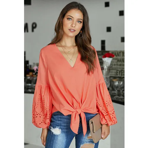 US $15.19 Women Shirt Rhapsody Cotton Tie Top Blouse Embroidered Eyelet Elastic Balloon Sleeve Hem Front Bow