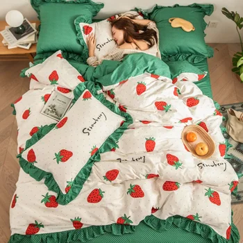 

Korean-style princess style four-piece suit cotton pure cotton ruffled pillowcase girl heart pink quilt cover sheet