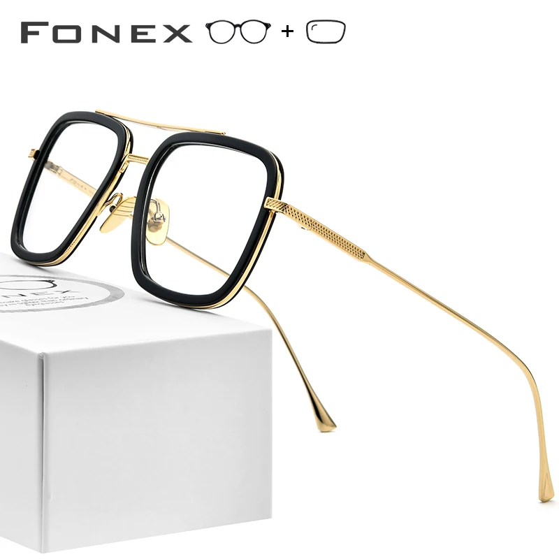FONEX Pure Titanium Acetate Men Retro Tony Stark Prescription Glasses Frame Myopia Optical Edith Eyeglasses for Women 8512