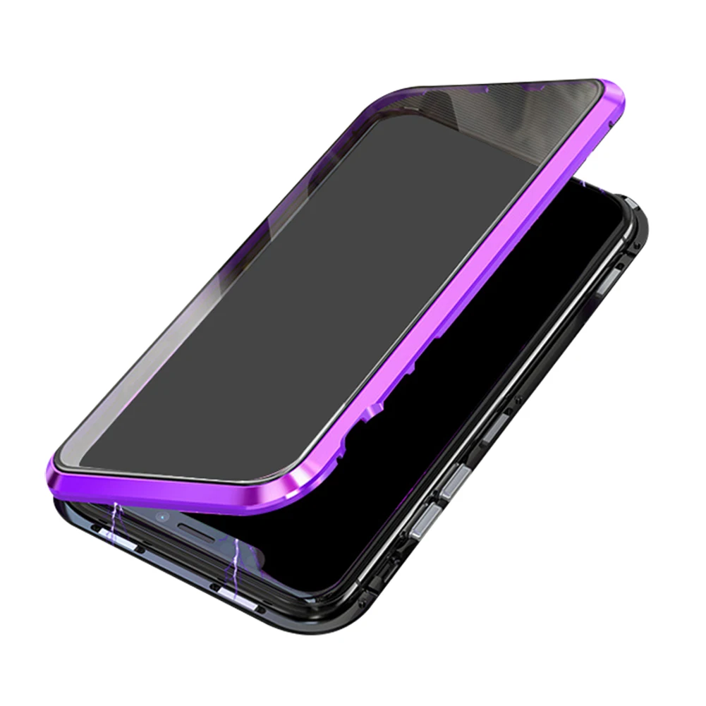Двухсторонний чехол из закаленного стекла для мобильного телефона с магнитной адсорбцией противоударный чехол SP99 - Цвет: black purple  iPhone
