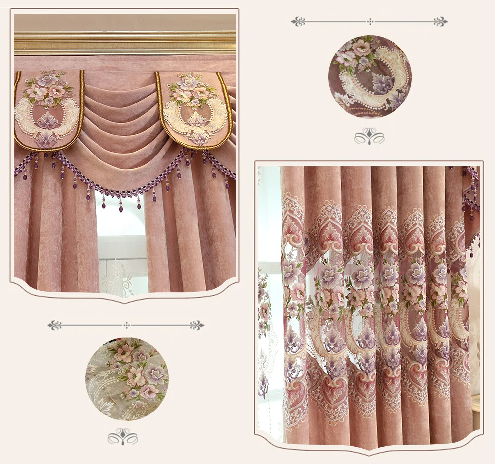 Pink High-end Curtains for Living Room Blue Peony Embroidery Chenille Luxury European Jacquard Floral Window Treatment Drapes