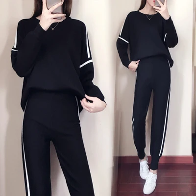 

Oshangchaopin Fashion Casual Women's Sets Knitted Full Sleeve Striped Jumpers+Leisure Sports Pants Female 2-piece Sets New