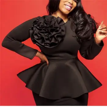 

Lady Bluas Long Sleeve Party Black Blouses Streetwear Women Tops Front Big Flower Peplum Shirts Fall Slim Elegant Blouse