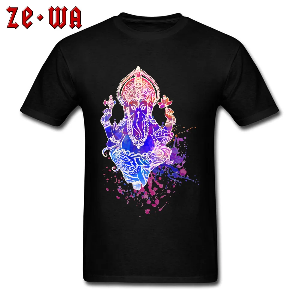Ganesha T-shirt Men Cool T Shirt Elephant God Printed On Mens Clothes Indian Design Watercolor Tops Cotton Tees Black |