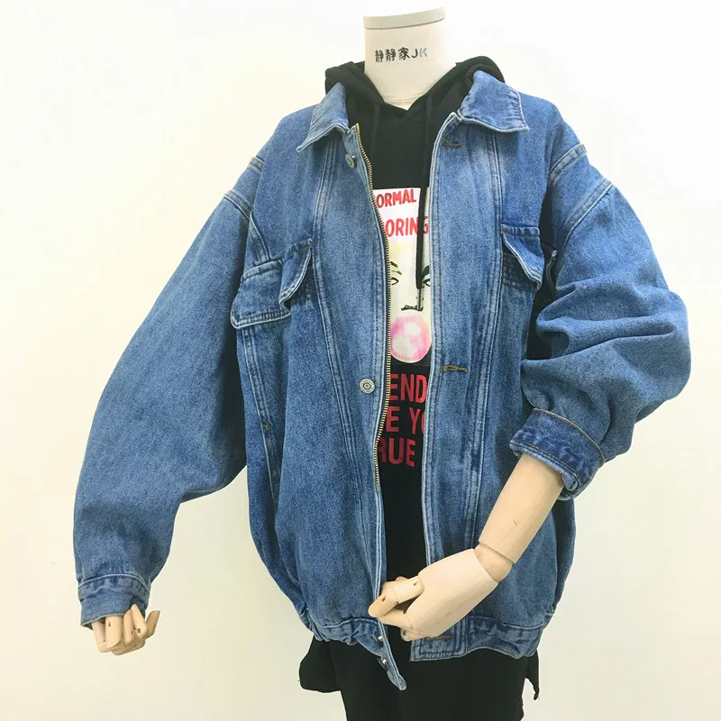 

Vintage Wash Blue Denim Jacket Women Casual Big size Loose Mid Long Jeans Jacket Female Long sleeve Denim Coat Student Outerwear