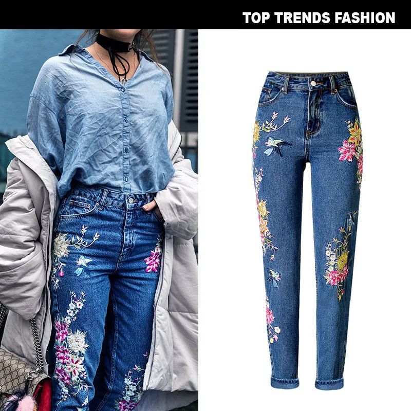 ring spel absorptie Jeans Women's Fashion Bird Flower Embroidery High-waist Slim-fit  Straight-leg Jeans Dark Blue Denim Trousers For Mom Size S-3xl - Jeans -  AliExpress