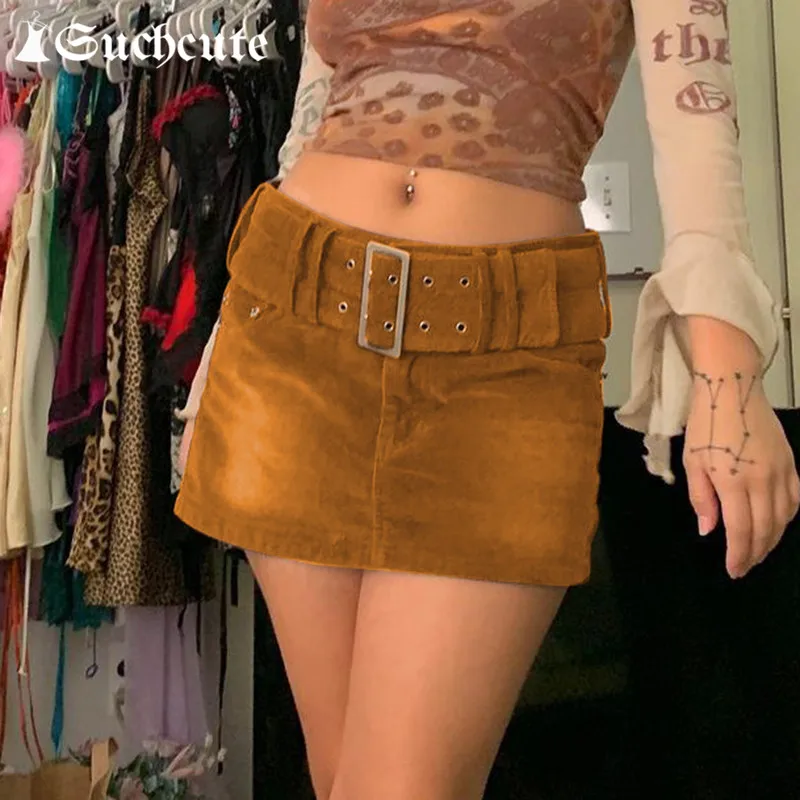 SUCHCUTE Vintage Corduroy Women's Mini Skirt With Sashes 2020 Streetwear E Girl Party 90s Outfits High Waist Short Skirts