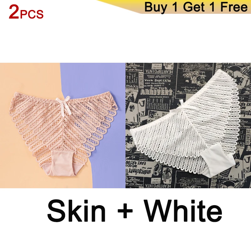 SKIN WHITE DERUILADY, 2 шт., сексуальные кружевные трусики для женщин, удобные хлопковые нижние трусики, Дамское белье, низкая посадка, бесшовное нижнее белье - Цвет: SKIN WHITE