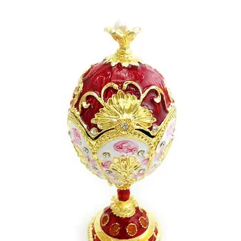

Red Gold Faberge-Egg Hand Painted Jewelry Trinket Box Gift for Easter Home Decor 83XF