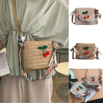 

Cute Straw Woven Cherry Handbags Feminina Square Bag buckle Rattan Straw Bags Satchel Lady Summer Bohemia Beach Bolsa Wicker Bag