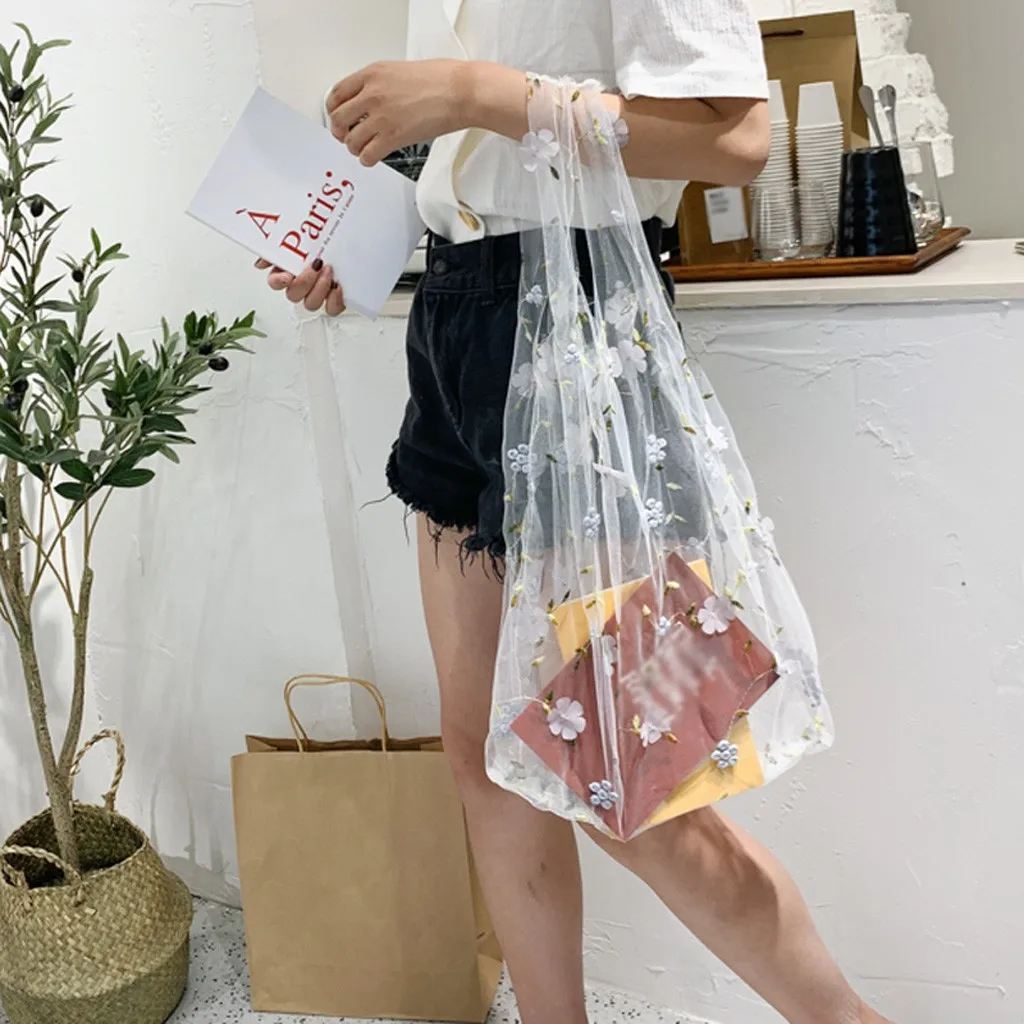 2020 Casual Tote Flower Embroidery Handbags for Women Transparent Mesh Shopper Bag Lady Hand Bags Bolsos Mujer Sac A Main Femme