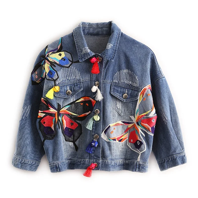 

Colorful Butterfly Embroidery denim jacket women spring autumn fashion coat female jacket Tassel Short jeans jacket women
