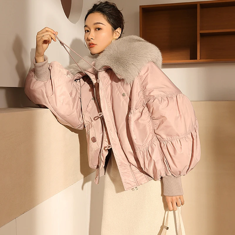 

Large Natural Fox Fur Collar Hooded 2019 White Duck Down Jacket Loose Short Down Coat Winter Jacket Women Thick Female Parkas