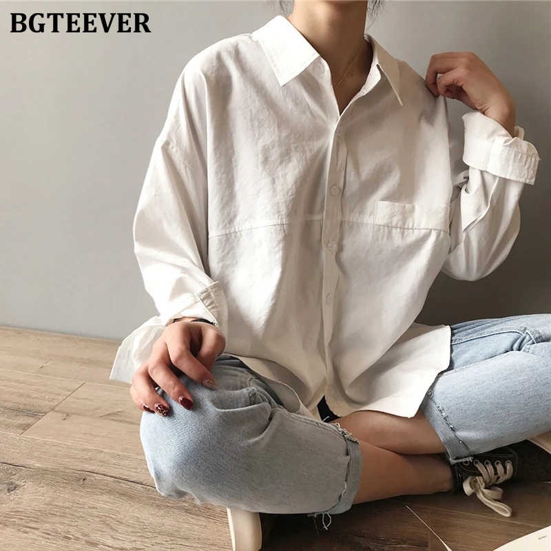 off the shoulder shirts & tops BGTEEVER Minimalist Loose White Shirts for Women Turn-down Collar Solid Female Shirts Tops 2020 Spring Summer Blouses women's shirts & tops